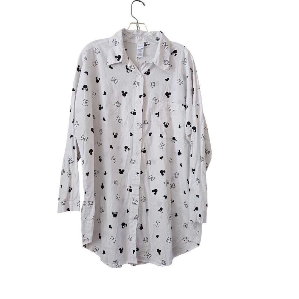 Disney Mickey Minnie Mouse Sleep Shirt Womens XL White Long Sleeve Nightgown